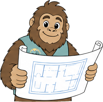 Squatch reading a set of blueprints