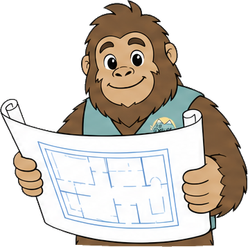 Squatch holding an architectural floor plan