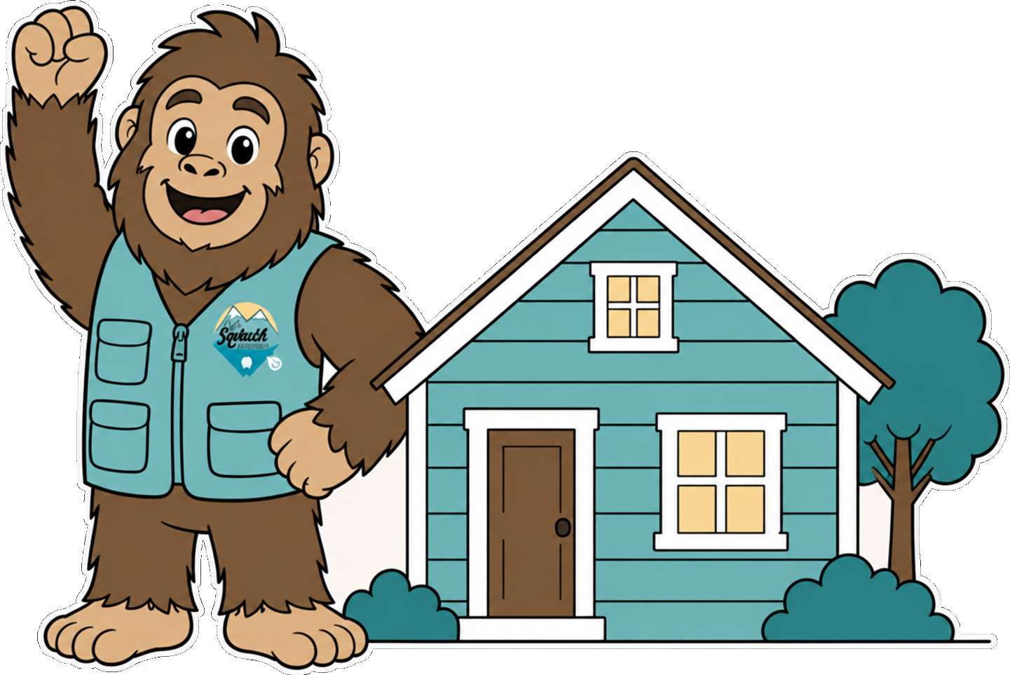 Squatch waving beside a finished house