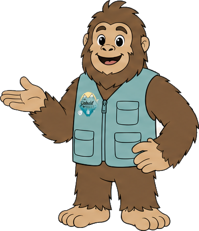 Squatch, the NW Rebuild Project mascot, gesturing toward the application